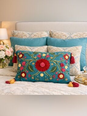 Pier 1 Embroidered Accent Pillow with Pom Pom Florals and Tassels NWT